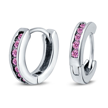 Eternity Huggie Hoop Earrings Channel Round Simulated Pink CZ 925 Sterling Silver